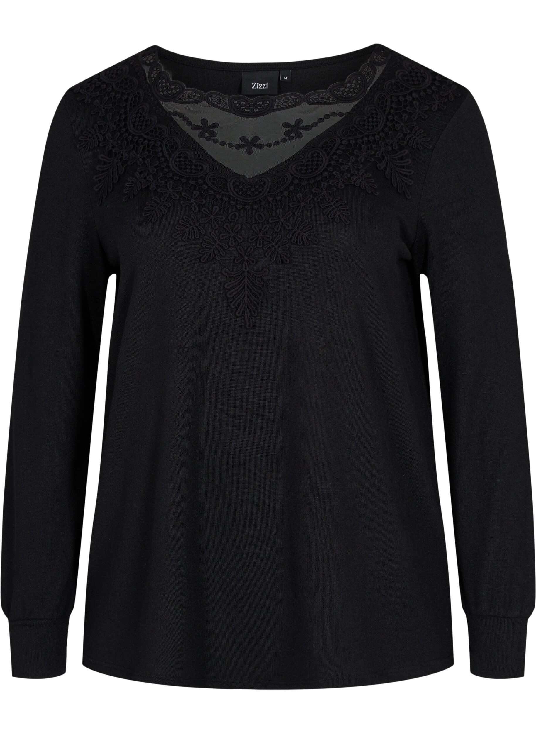 ZizziBlouse met lange mouwen en kanten details, Black, Packshot image number 0