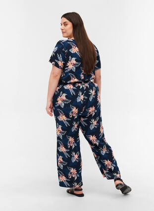 Pantalon en viscose avec imprimé et poches, Blue Flower Leaf AOP, Model image number 1