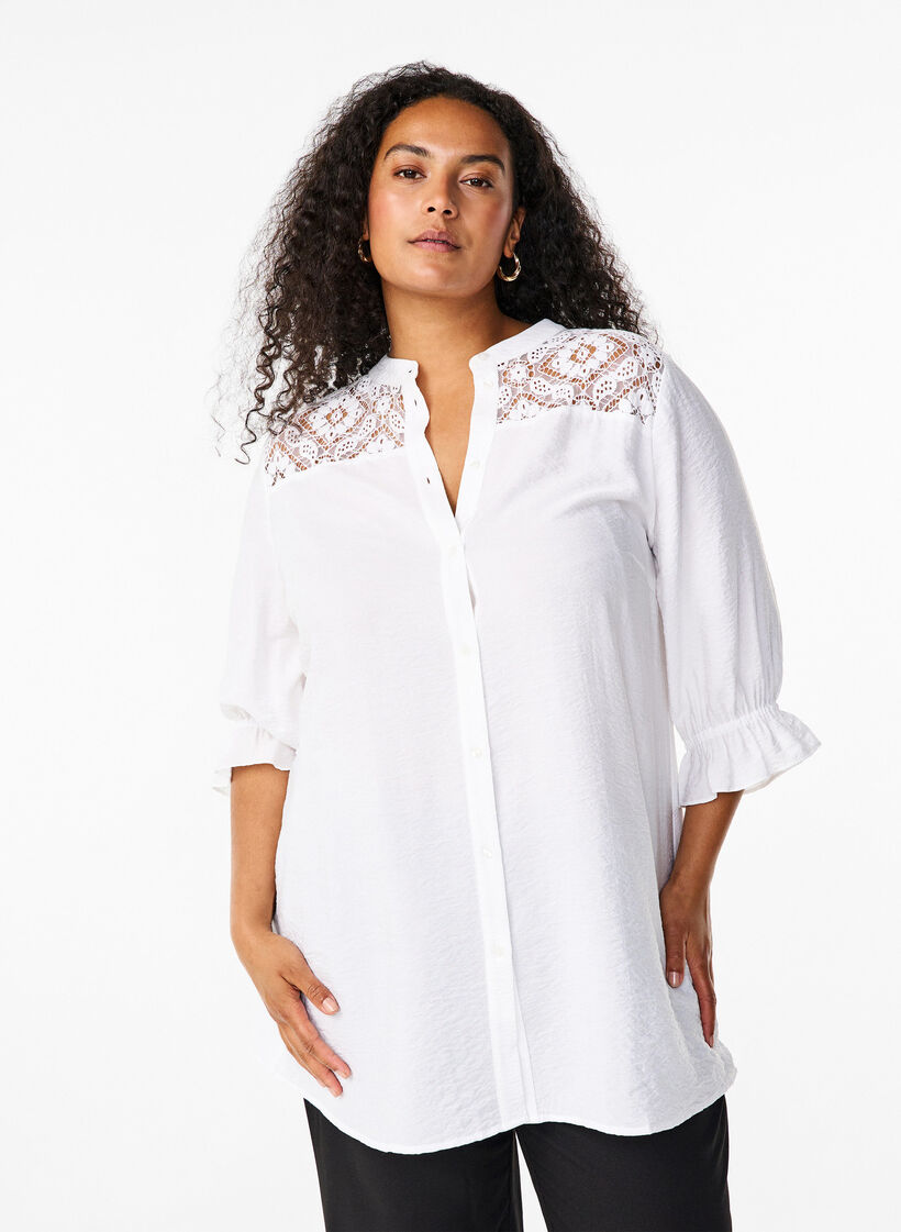 Lang viscose shirt met kanten detail, Bright White, Model image number 0