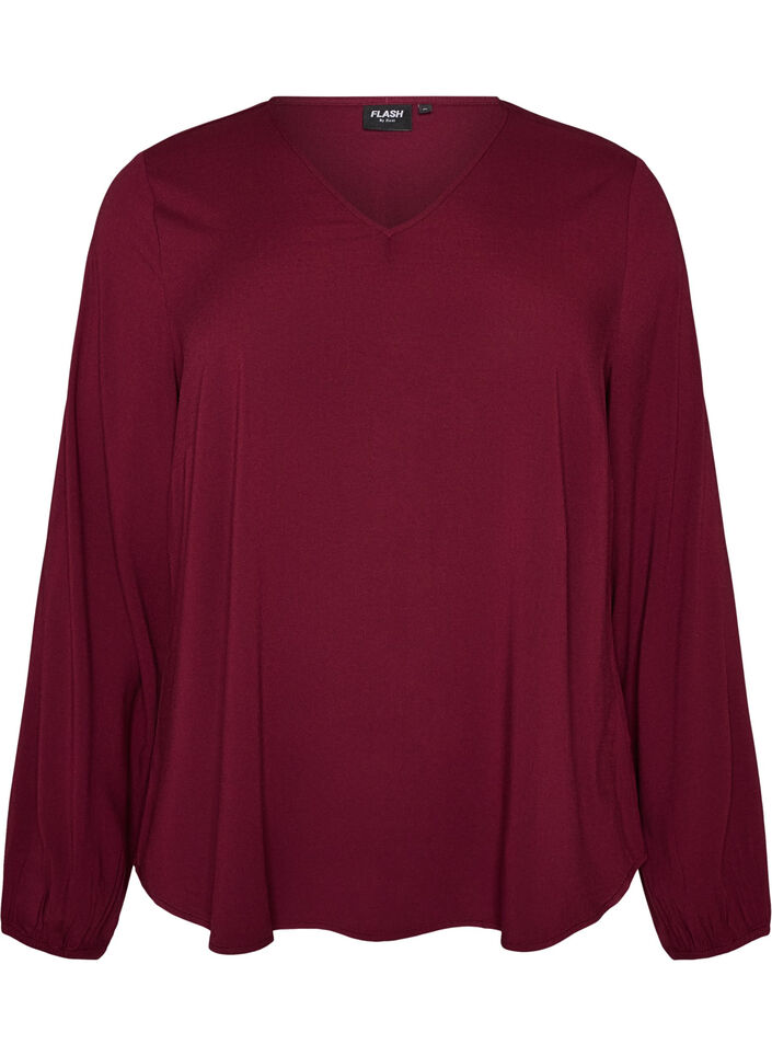 Viscose blouse met V-hals en afgeronde zoom, Rood, Packshot image number 0