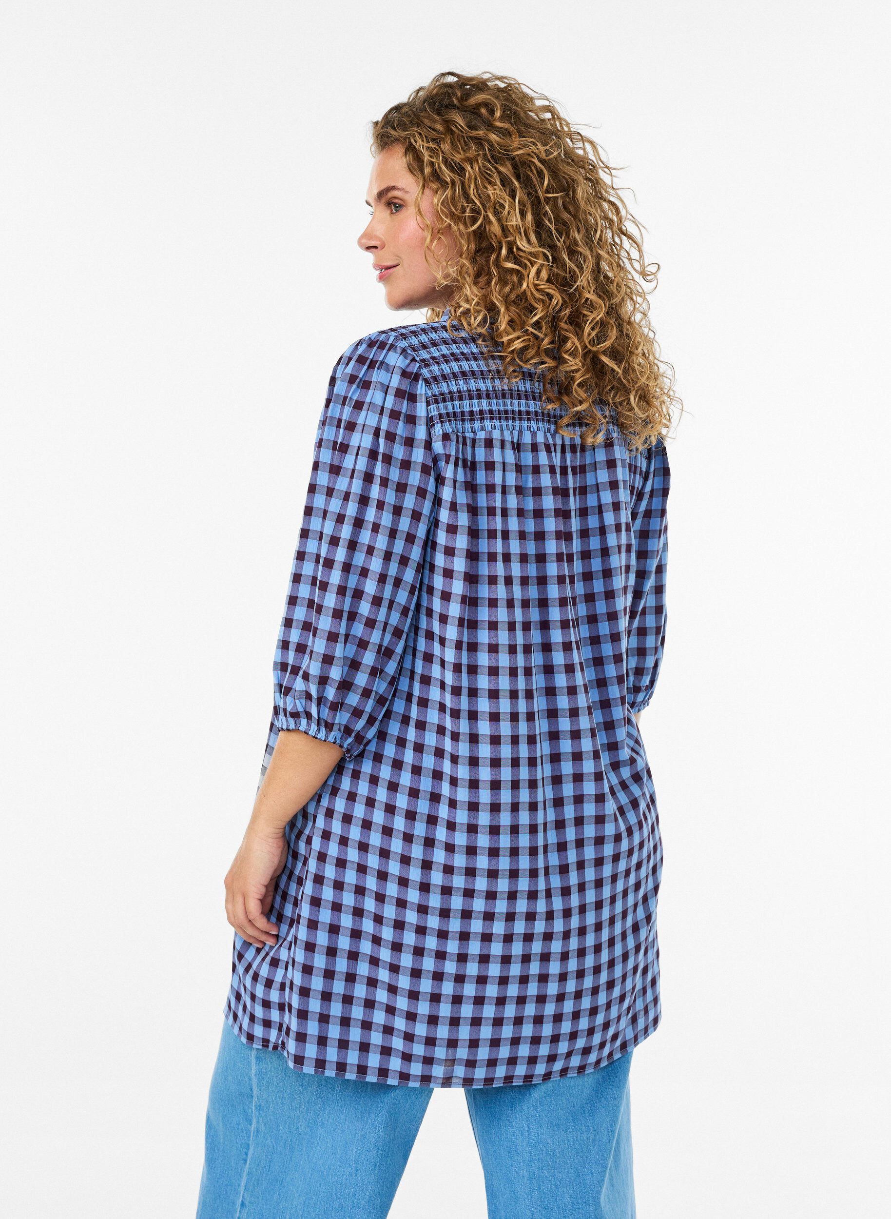 ZizziTunic met ginghamruit en ruchekraag, Blauw, Model image number 1