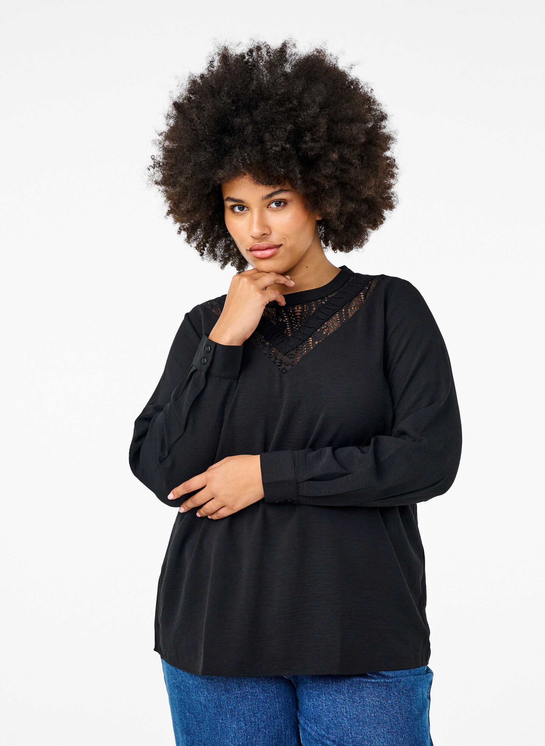 ZizziBlouse met kanten detail, Black, Model image number 0