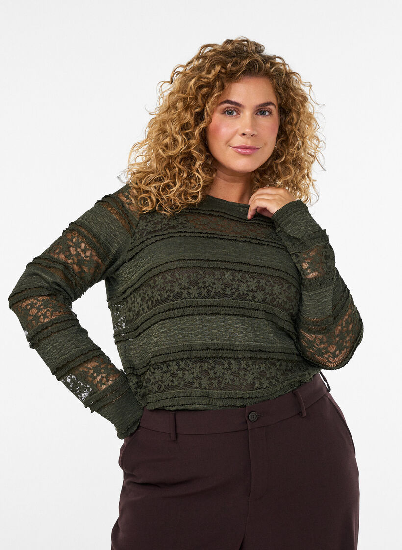 Kanten blouse met lange mouwen, Groen, Model image number 0