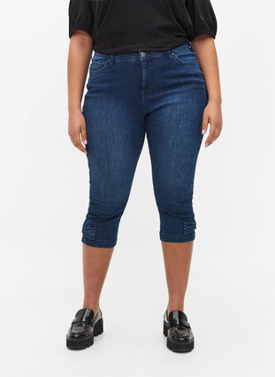 Short long en jean de coton, Dark blue denim, Model image number 2