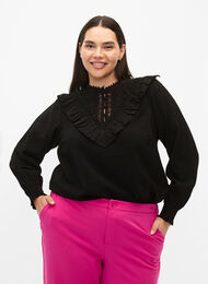 Viscose blouse met ruches en borduursel, Black, Model