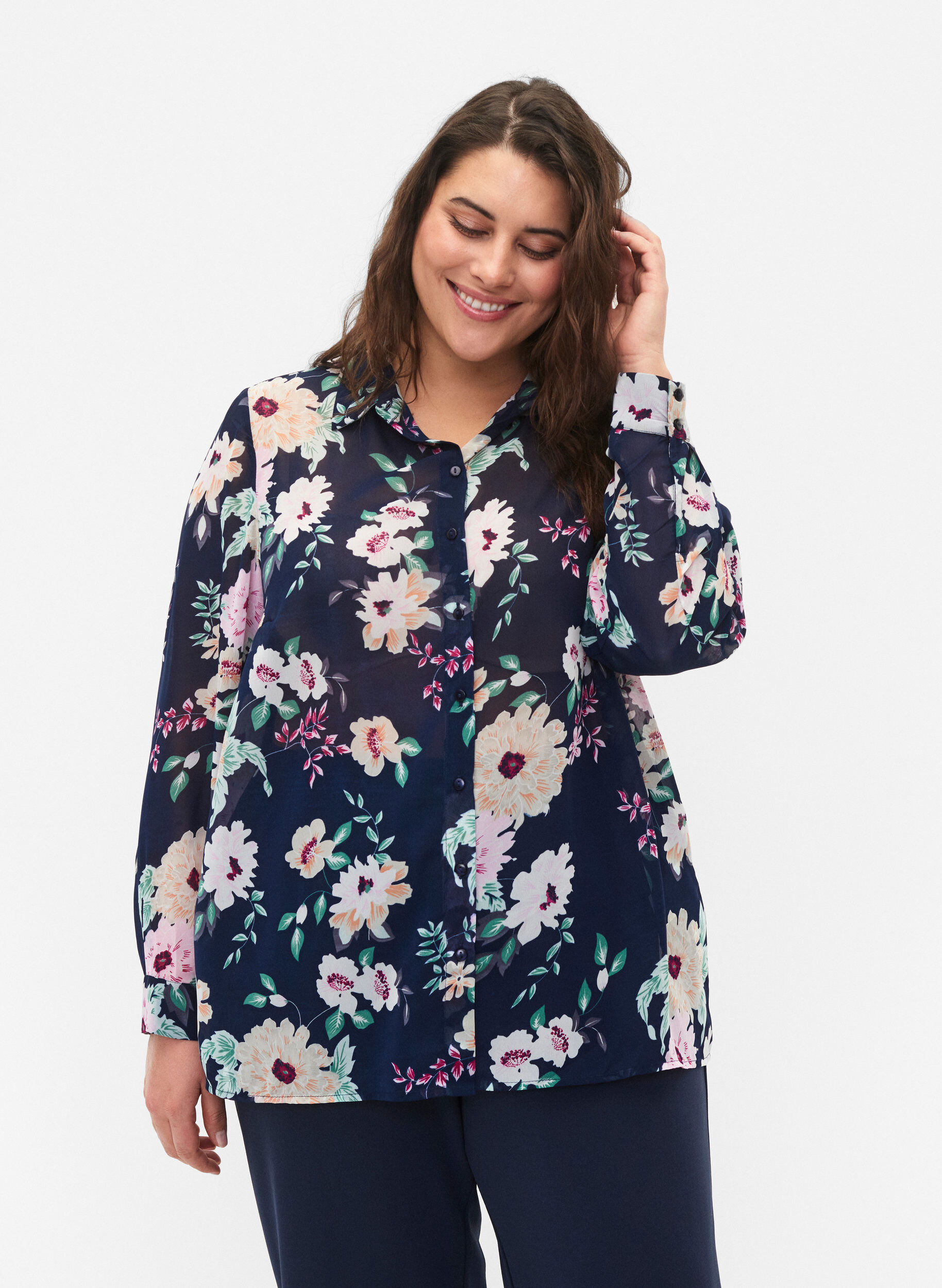 ZizziFLASH - Shirt met lange mouwen en bloemenprint, Navy Flower, Model image number 0