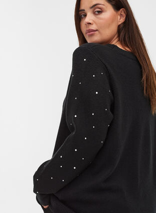 Blouse en tricot côtelée  avec des strass décoratives , Black, Model image number 2