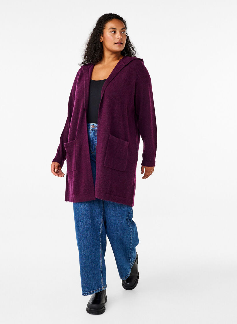 Lang gebreid vest met wol en capuchon, Potent Purple Mel., Model image number 2