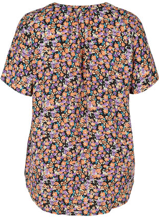 Chemise à manches courtes et col en V, Black Flower AOP, Packshot image number 1