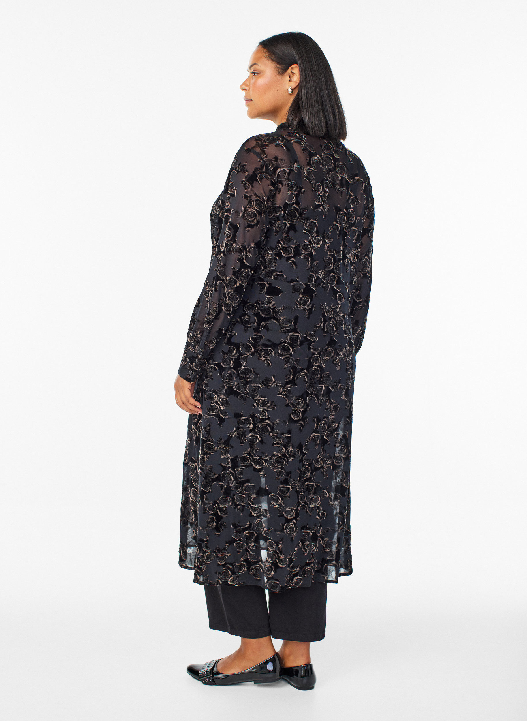 ZizziHalflange meshjurk met velours rozen, Zwart, Model image number 1