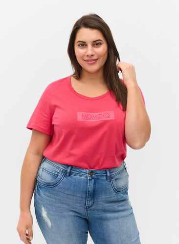 Katoenen t-shirt met print, Raspberry TEXT, Model image number 0