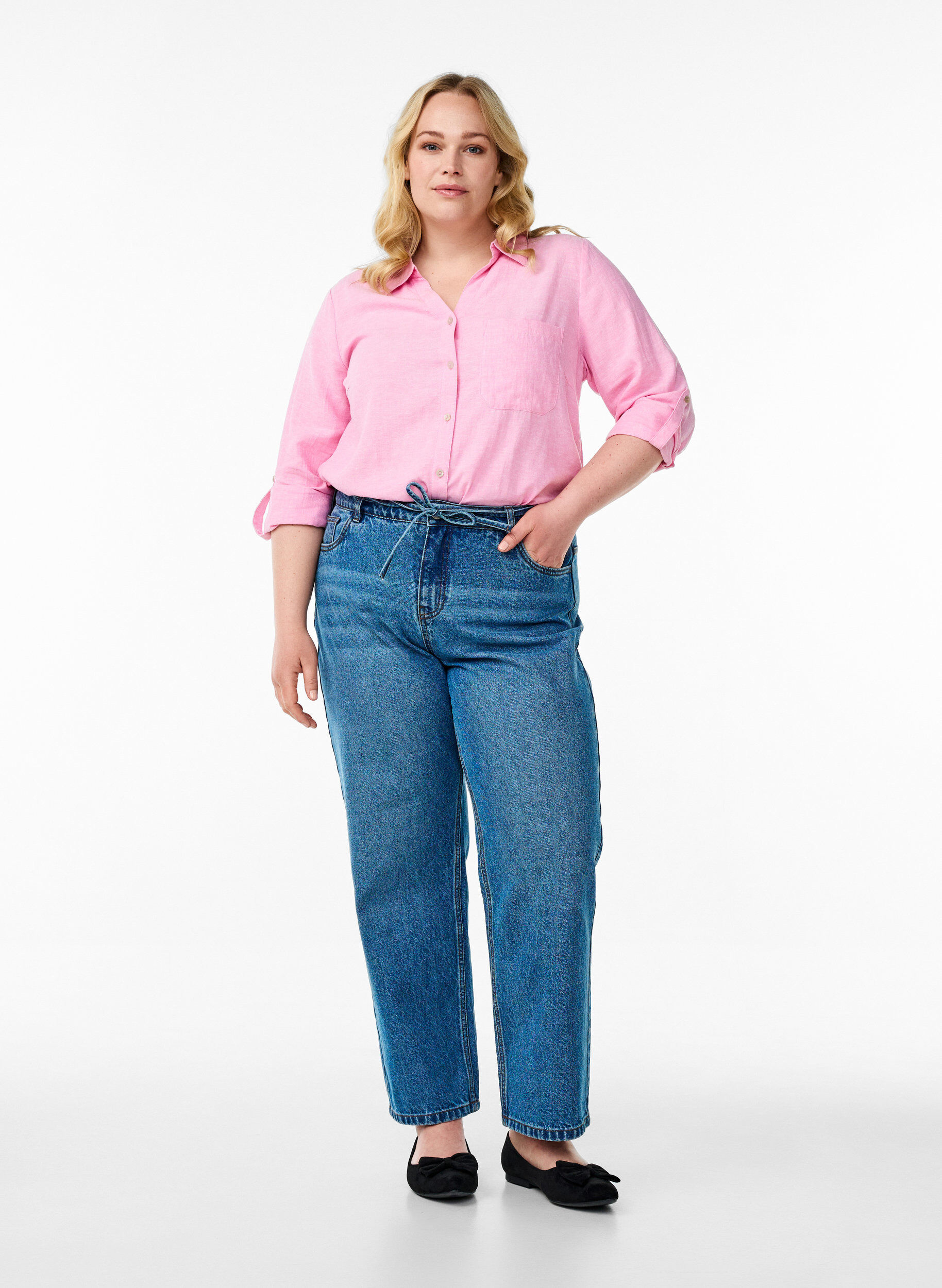 ZizziLinnen en viscose shirt met 3/4 mouwen, Roze, Model image number 1