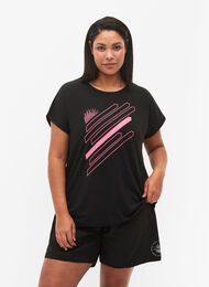 Active by Zizzi Vrouwen Grote Maten T-shirt Korte Mouwen Maat 42-60, Black/Pink Print, Model