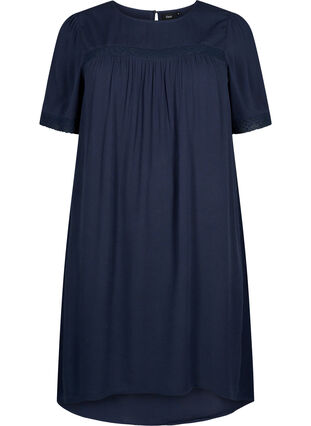 Viscose jurk met kanten randje, Navy, Packshot image number 0