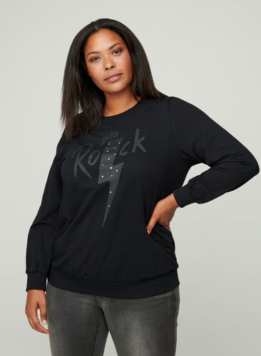 Katoenen sweatshirt met print op de borst, Black w. Black, Model image number 0