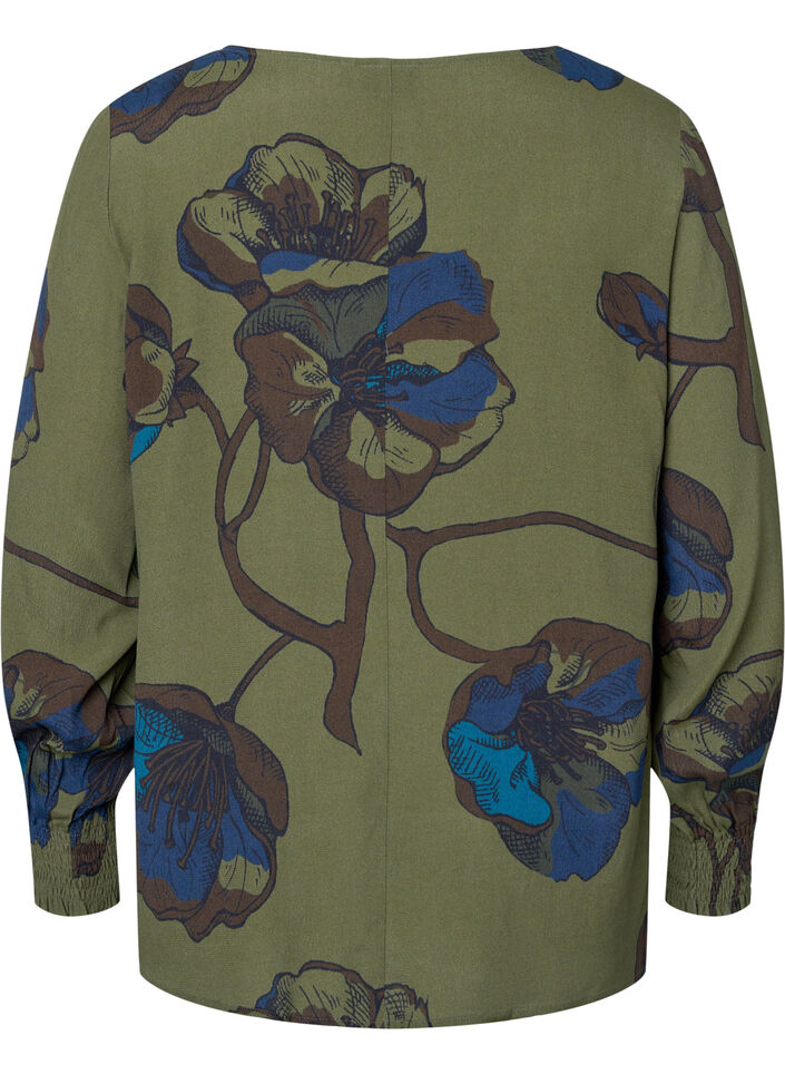 Blouse &agrave; manches longues en viscose avec imprim&eacute; floral	, Green Big Flower, Packshot image number 1