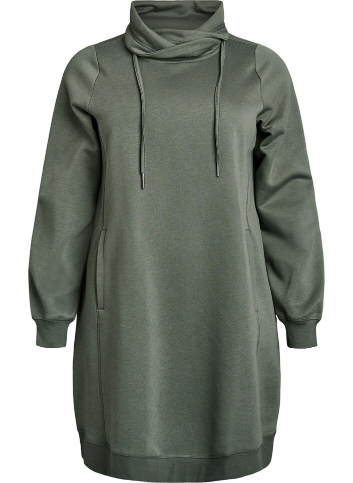 Kort sweatshirt jurk met hoge kraag en zakken, Groen, Packshot image number 0