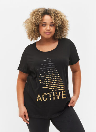Sport-T-shirt met print, Black gold foil logo, Model image number 0