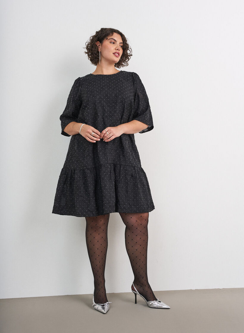 Robe jacquard avec des d&eacute;tails scintillants et des manches bouffantes, Noir, Model image number 1