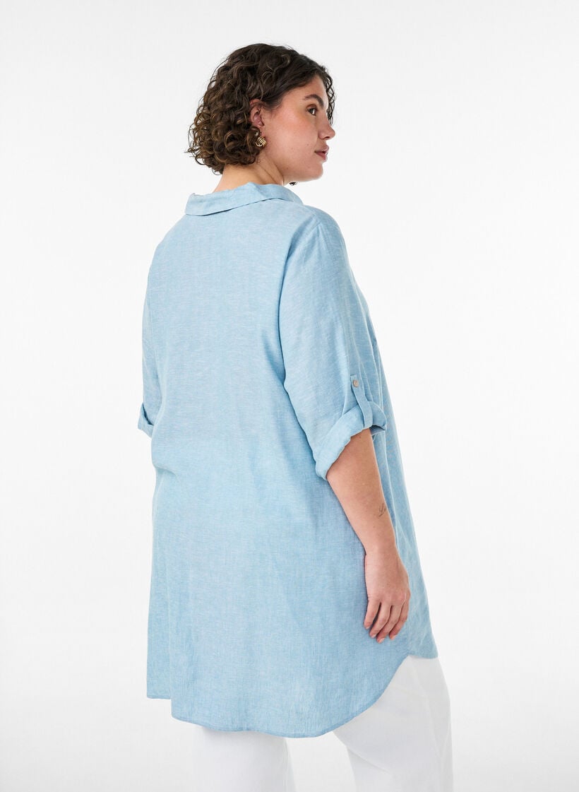 Tuniek van linnen en viscose met A-vorm, Blauw, Model image number 2