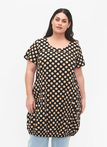Katoenen jurk met korte mouwen en print, Dot AOP, Model image number 0