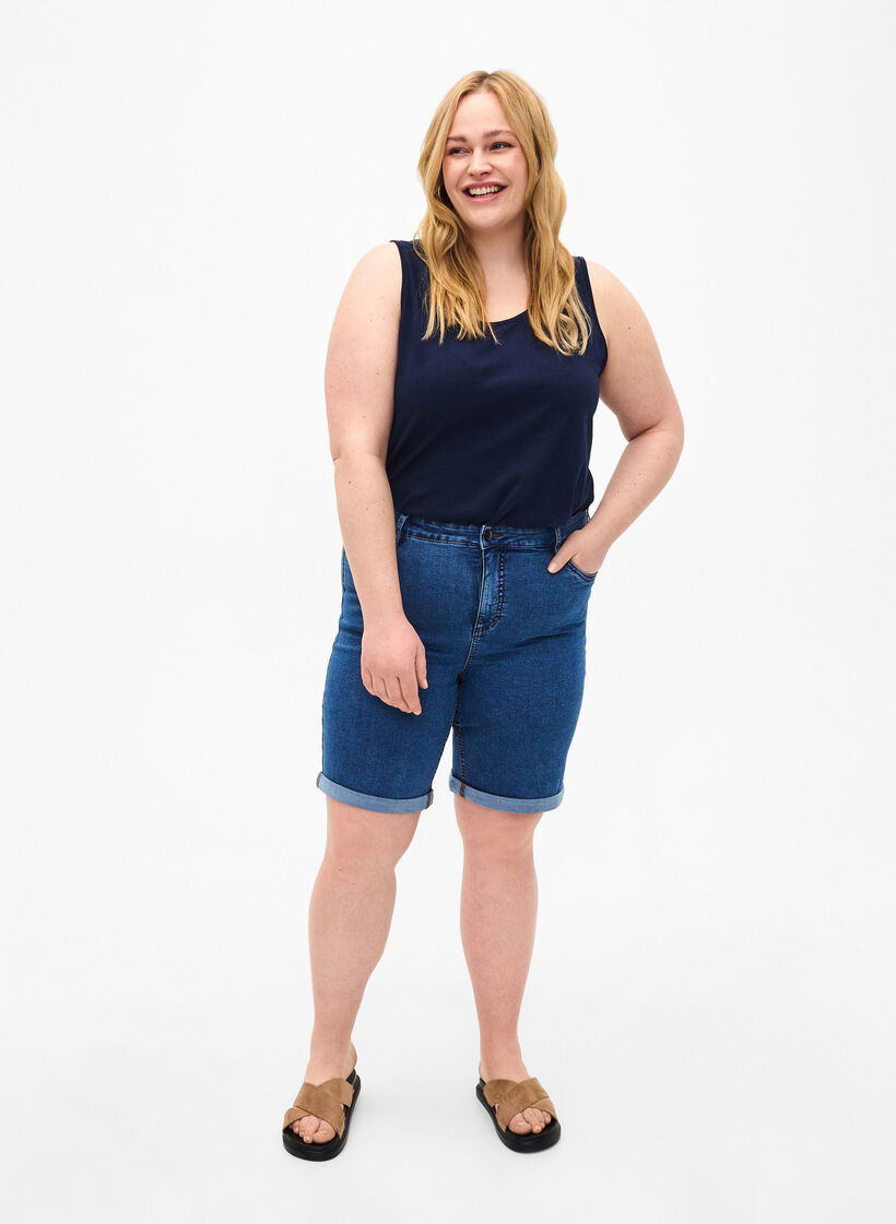 Korte spijkerbroek met strakke pasvorm en hoge taille, Blue Denim, Model image number 3