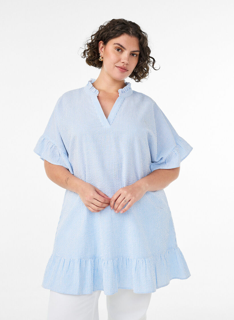 Tunique en coton &agrave; rayures et avec volants, Bleu Clair, Model image number 0