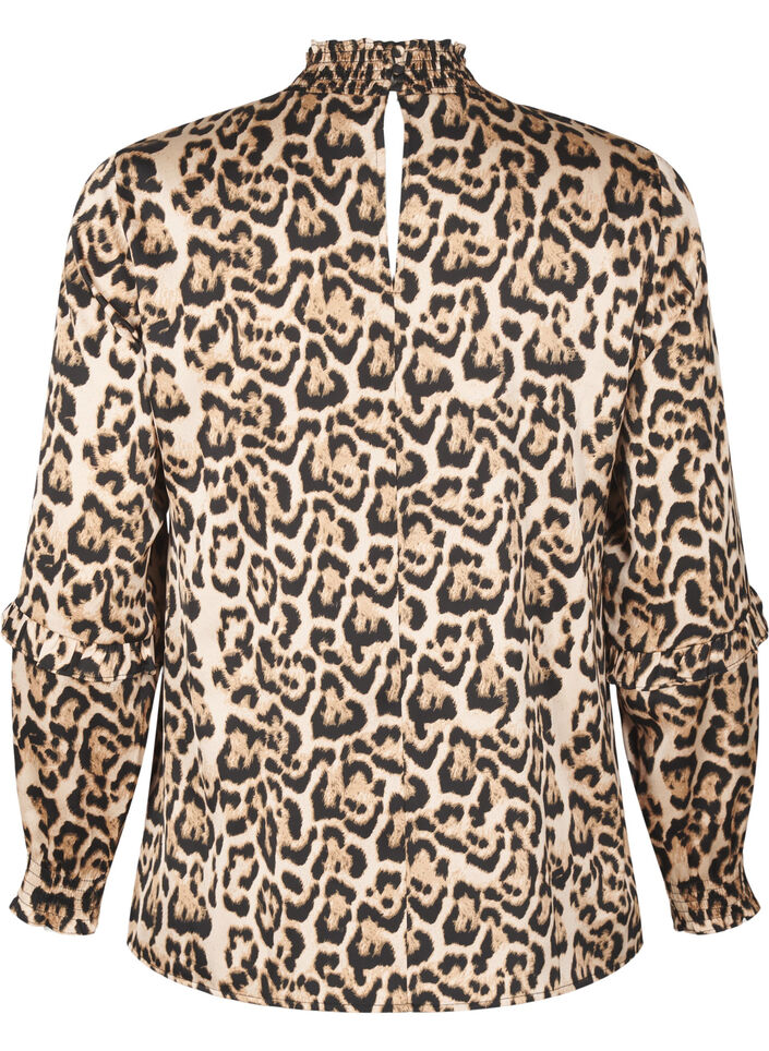 Gerimpelde blouse met luipaardprint, Bruin, Packshot image number 1