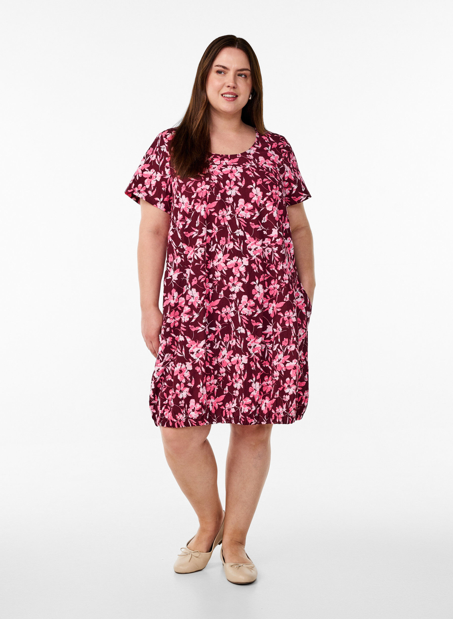 ZizziKatoenen jurk met korte mouwen en print, Donker Bordeaux, Model image number 1