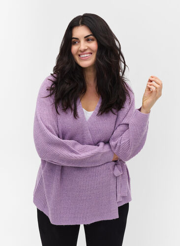 Cardigan en tricot en cache-cœur, Purple Rose Mel, Model image number 0
