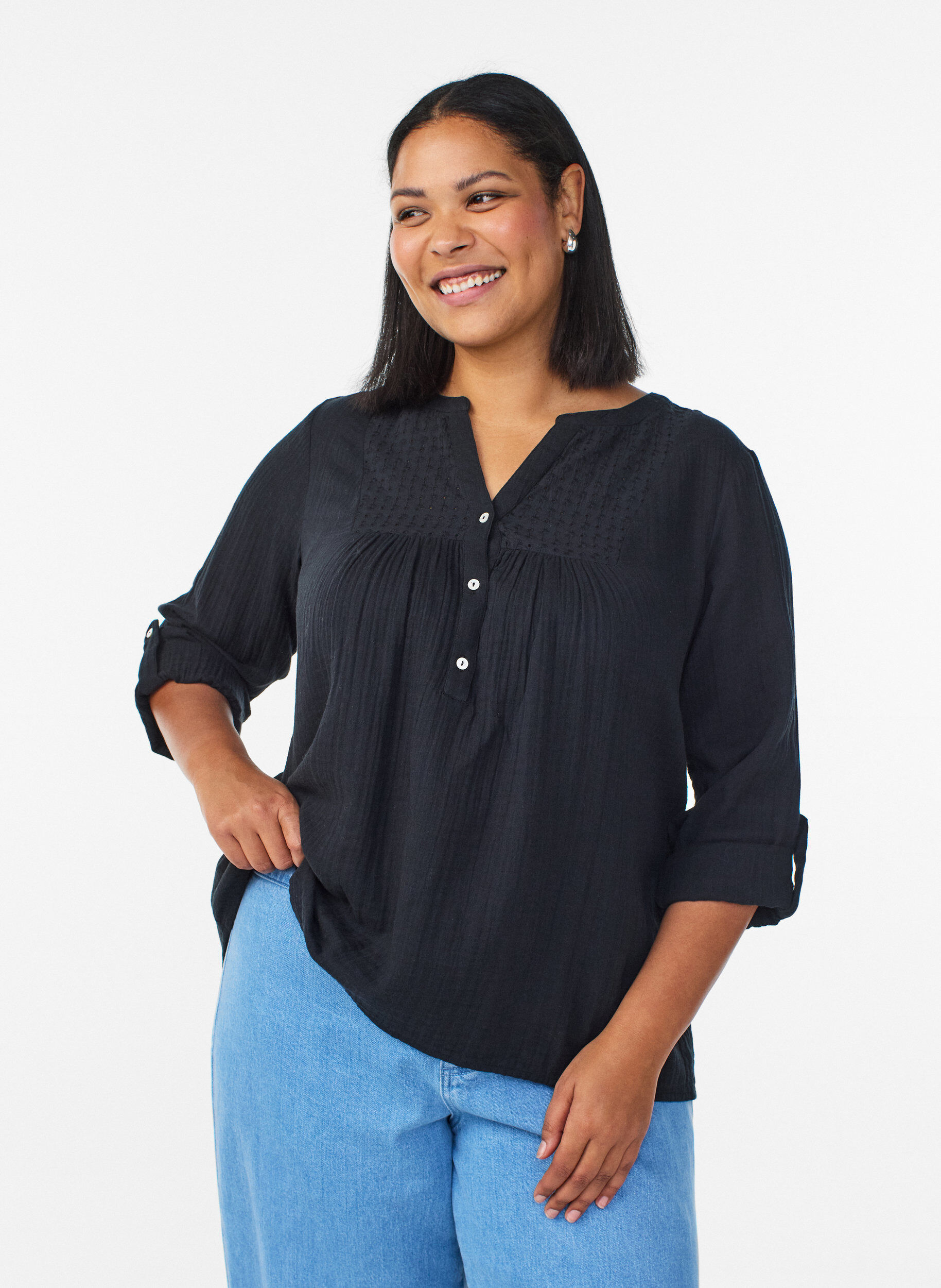 Blouse in katoenen mousseline met broderie anglaise, Zwart, Model
