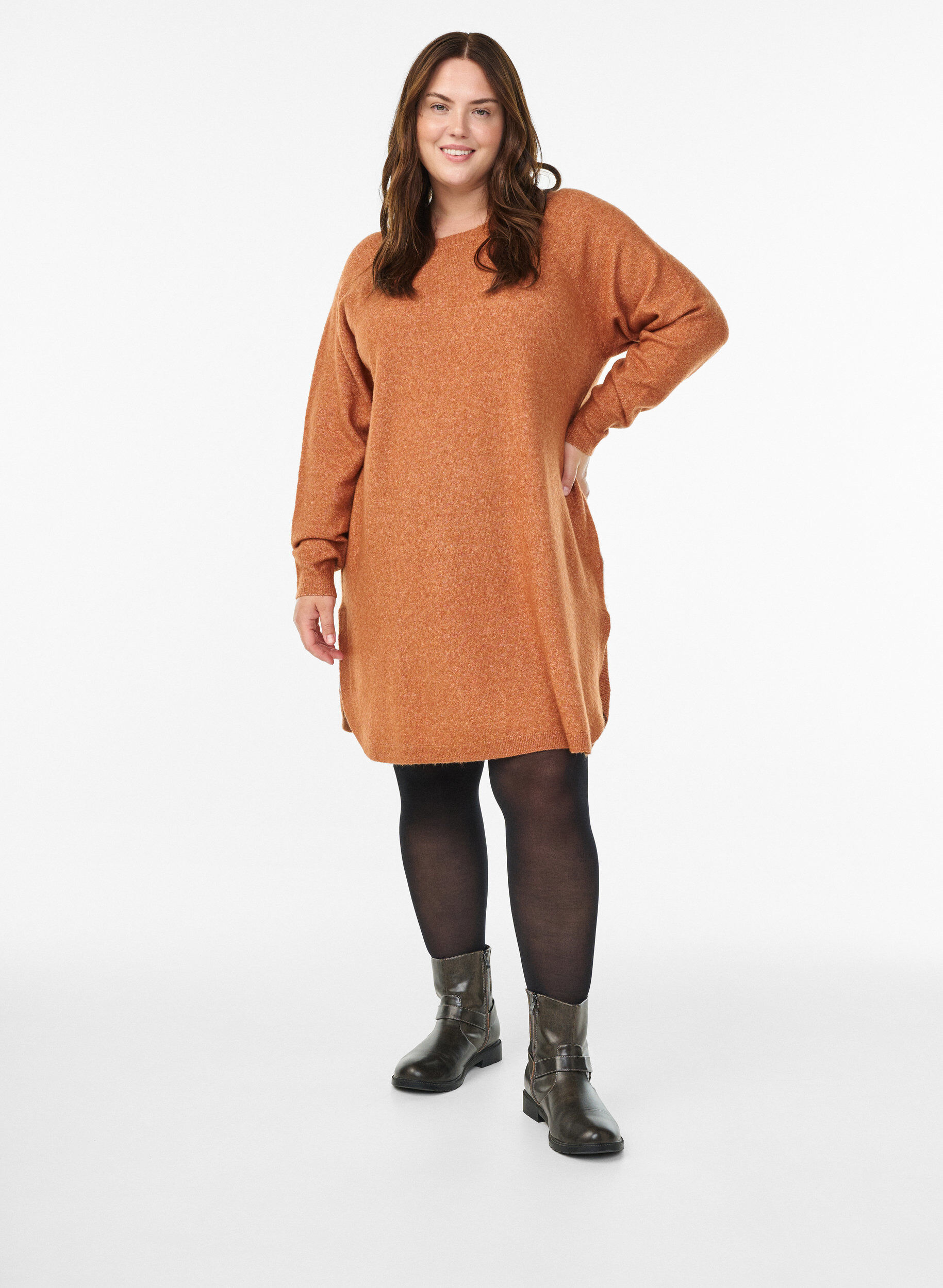 ZizziKorte gebreide jurk met ronde hals, Oranje, Model image number 1