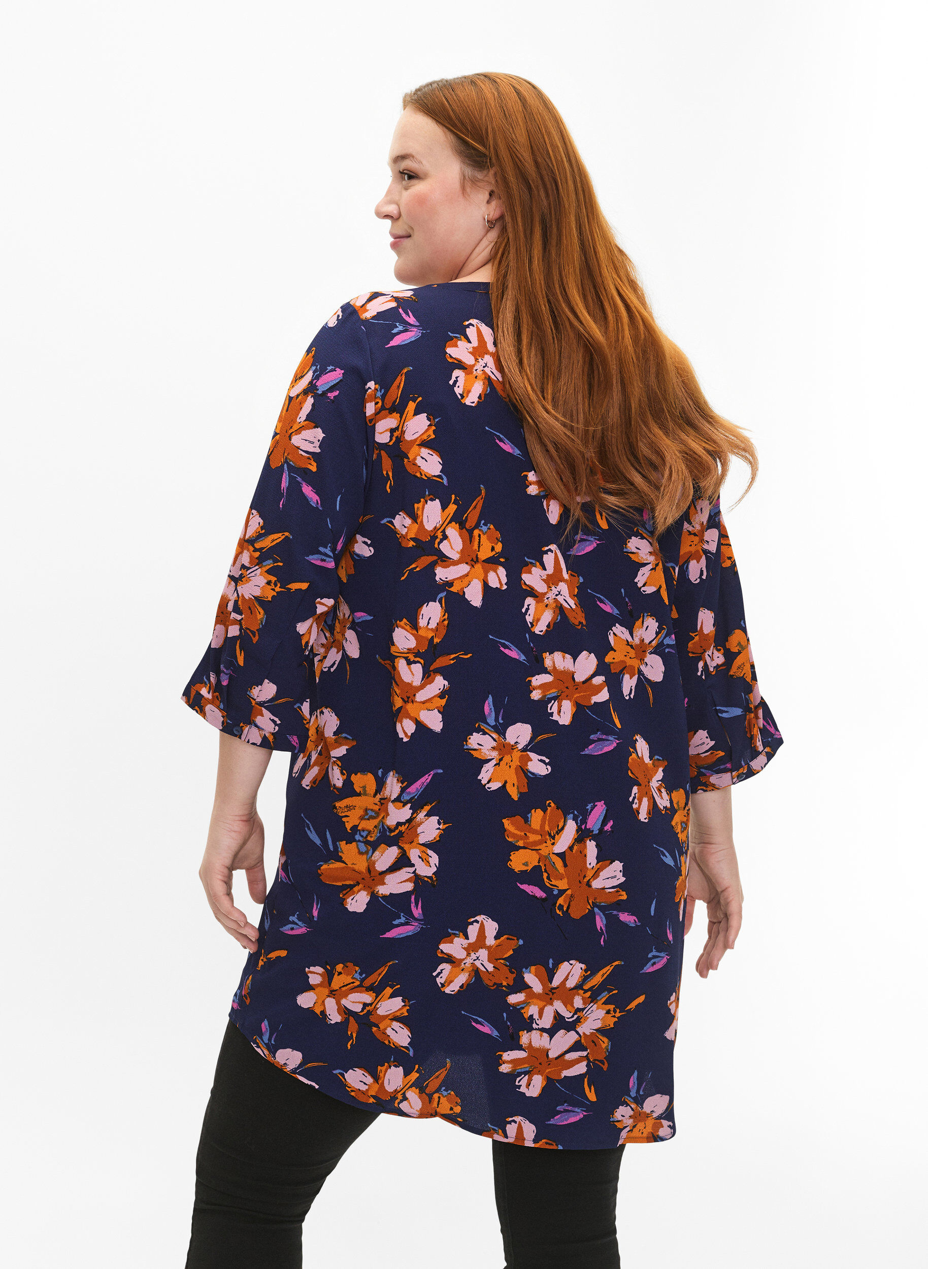 ZizziGebloemde tuniek met 3/4 mouwen, Peacoat Flower AOP, Model image number 1