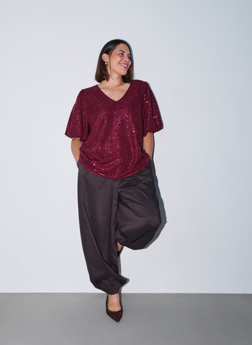 Blouse &agrave; sequins avec manches ballon, Bordeaux, Model image number 1