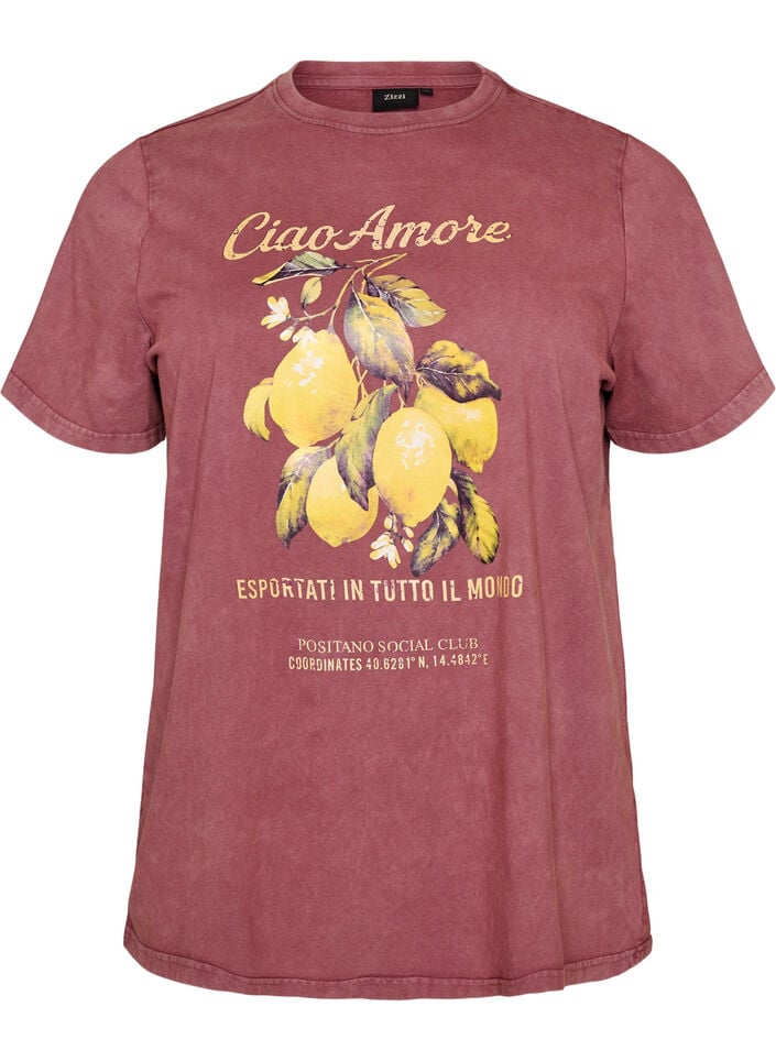 T-shirt en coton avec imprim&eacute; sur le devant et effet d&eacute;lav&eacute;, Bordeaux, Packshot image number 0