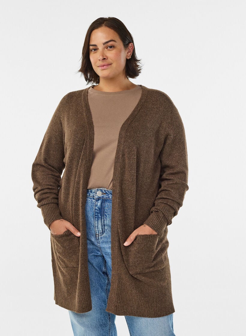 Geribd gebreid vest met zakken, Bruin, Model image number 0