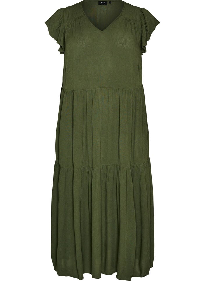 Robe midi en viscose avec manches &agrave; volants, Vert, Packshot image number 0