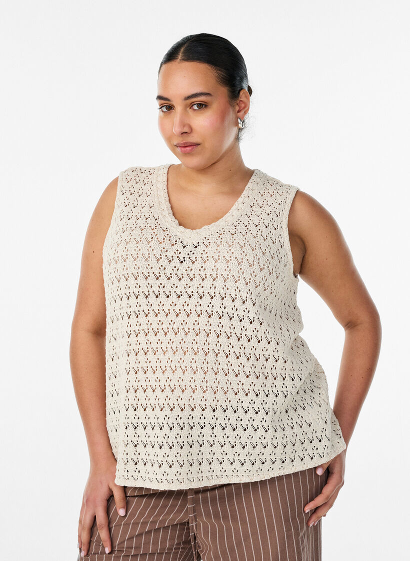 Blouse sans manches avec broderie ajour&eacute;e et col V, Beige, Model image number 0