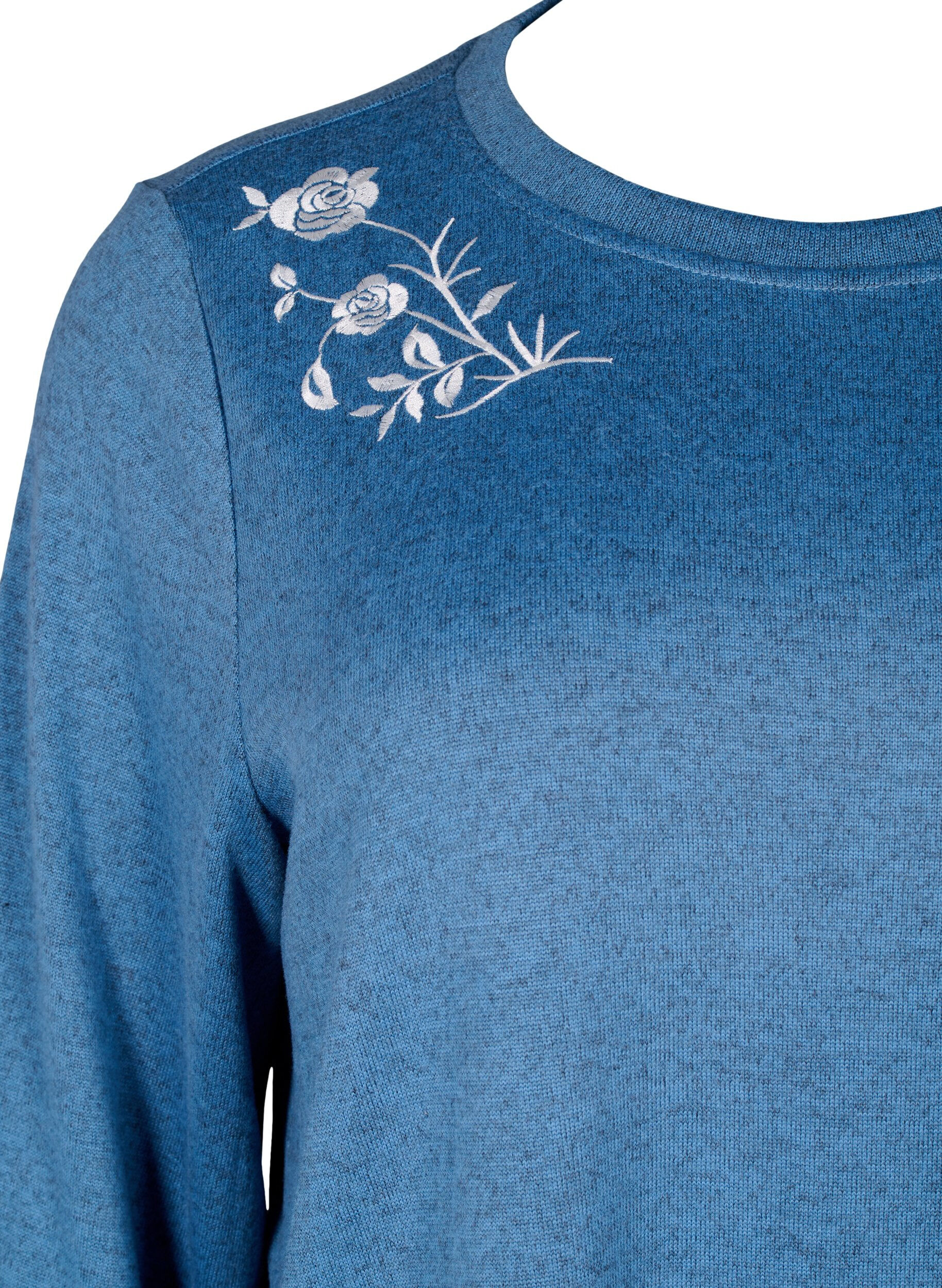 Zizzi Chemisier avec broderie florale et manches 3/4, Copen Blue Melange, Packshot image number 2