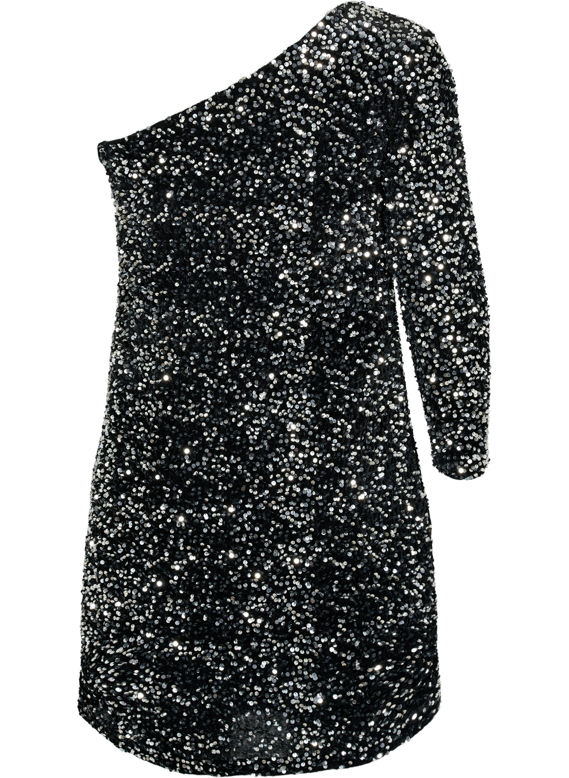 ZizziKorte one-shoulder jurk met pailletten, Black/Silver Sequins, Packshot image number 1