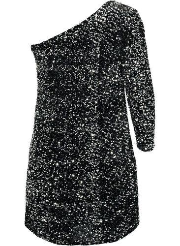 Robe courte à sequins, coupe asymétrique une épaule dénudée, Black/Silver Sequins, Packshot image number 1