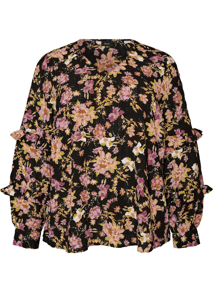 Blouse avec imprim&eacute; floral et volants, Noir, Packshot image number 0