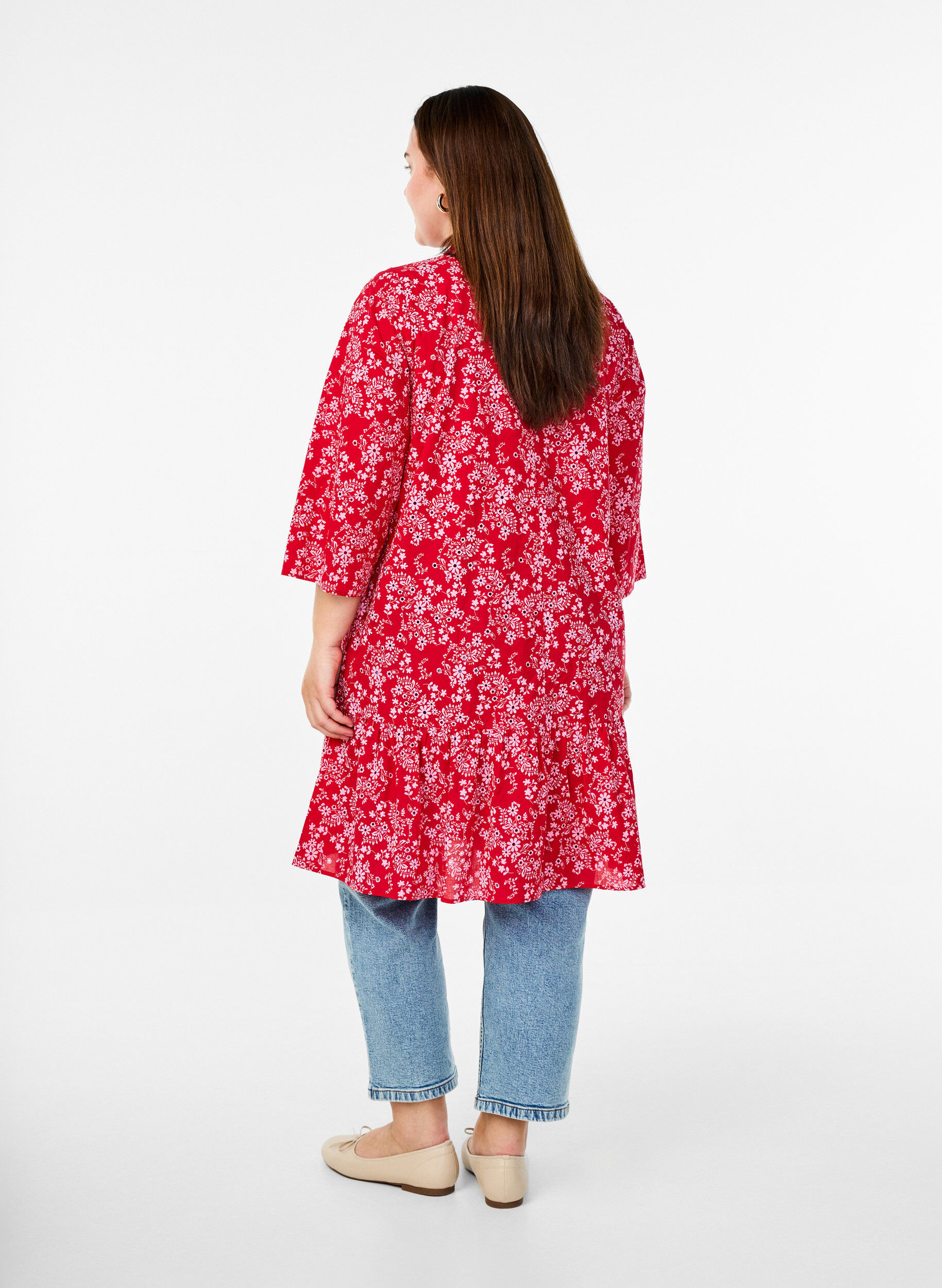 ZizziKnie-lange jurk met bloemenprint en 3/4 mouwen, Rood, Model image number 2