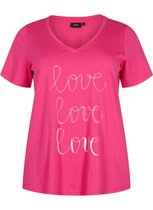 T-shirt en coton avec col en V et imprimé, Fuchsia Purple Love, Packshot image number 0