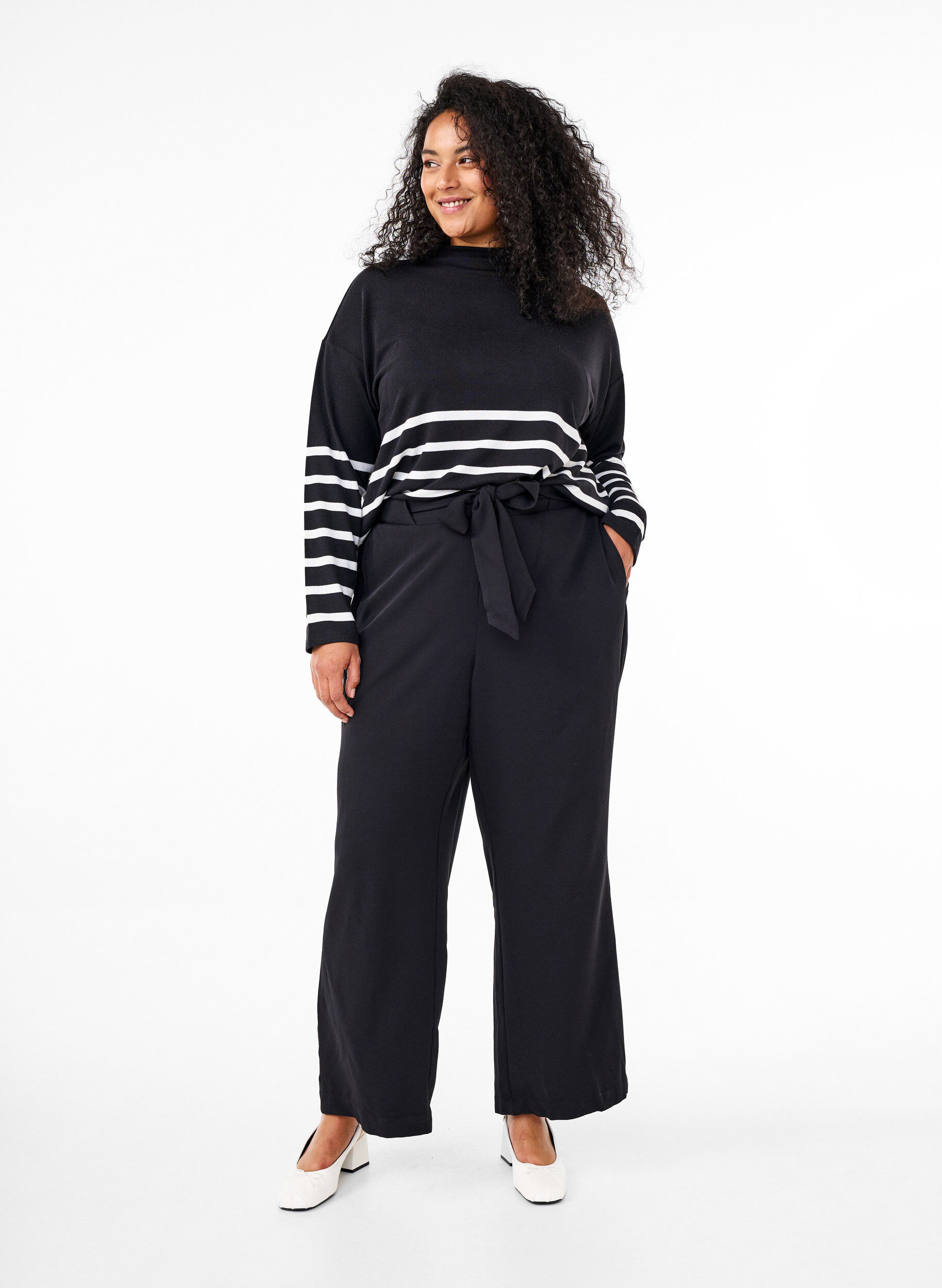 ZizziLuchtige broek met hoge taille en strikriem, Zwart, Model image number 0
