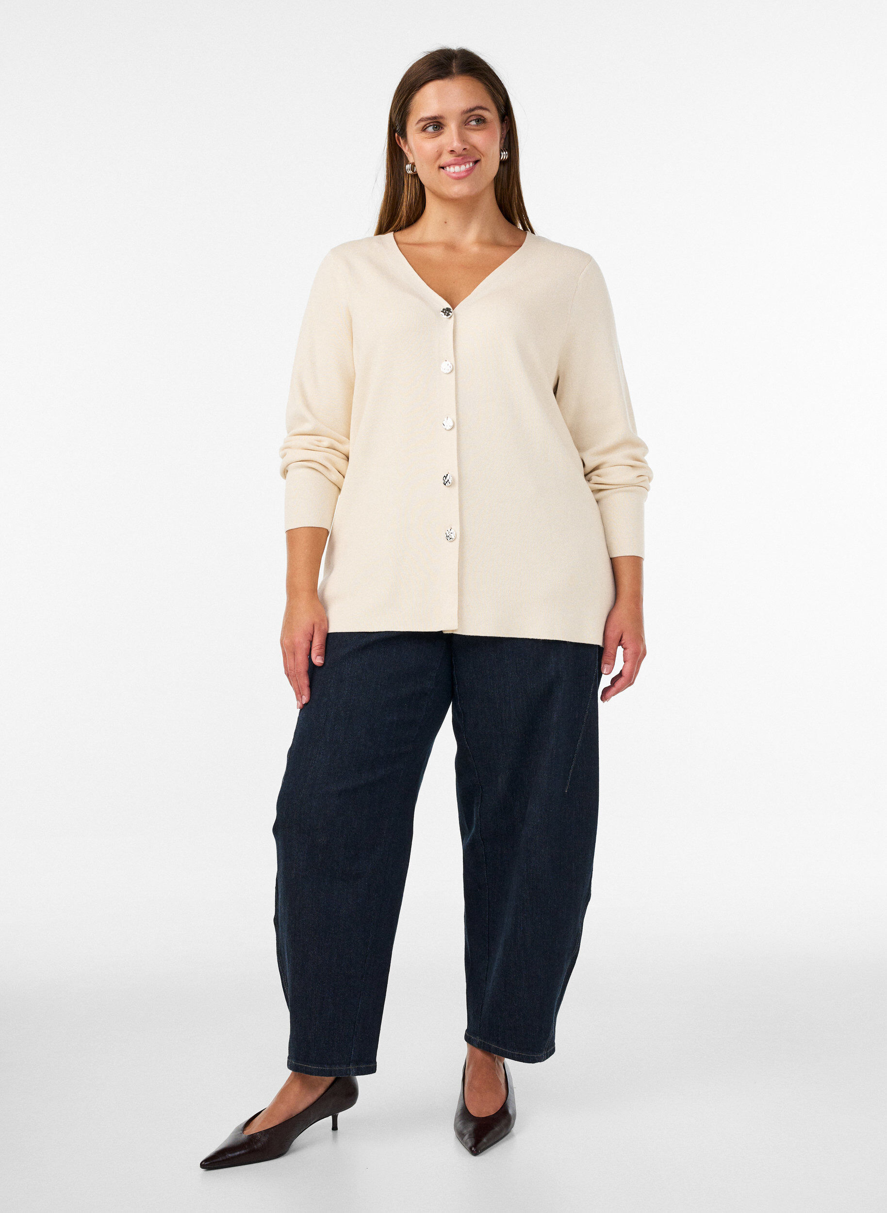 ZizziFijngebreide cardigan met decoratieve knopen, Vanille, Model image number 1