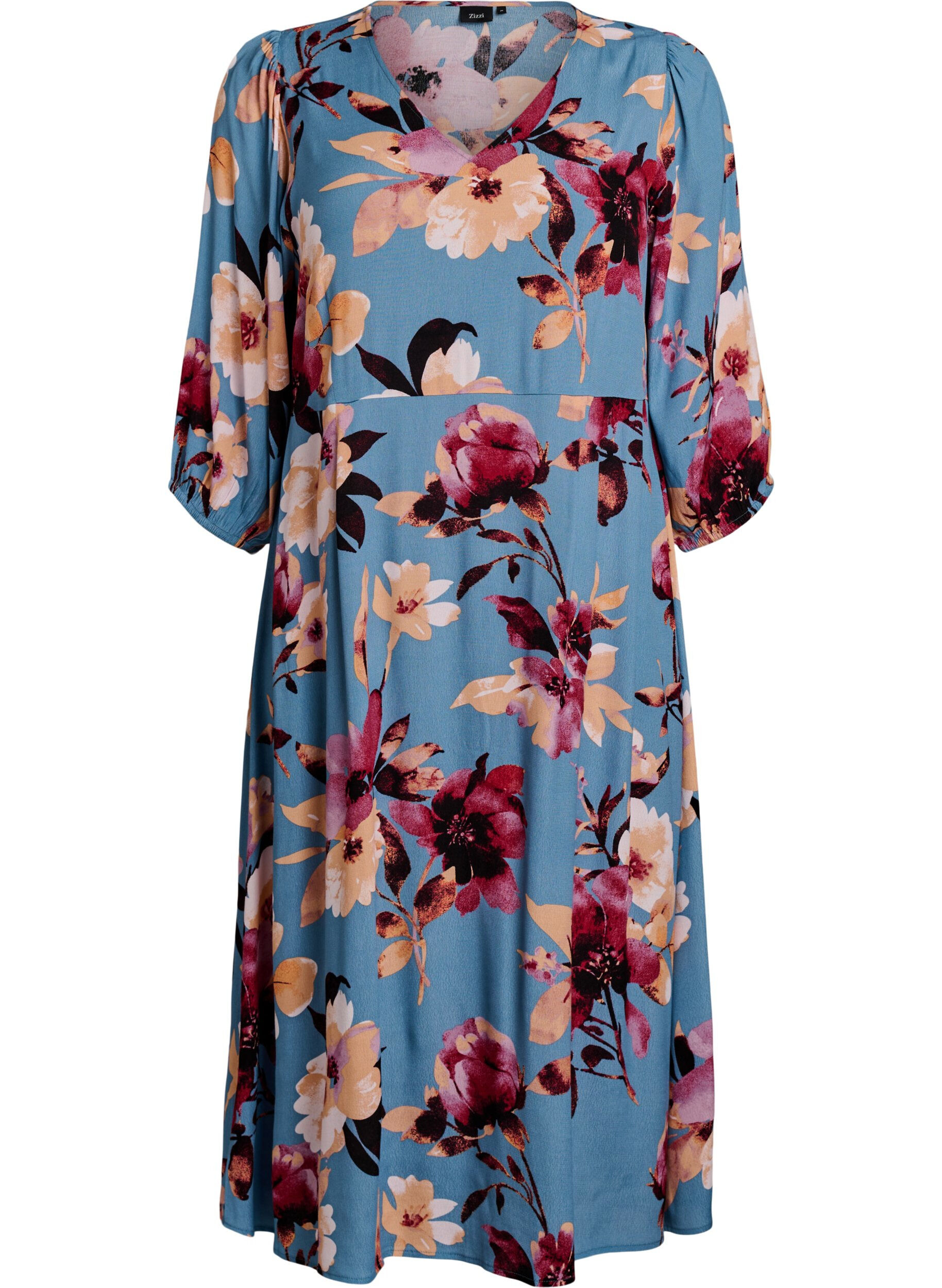 ZizziMidi-jurk met bloemenprint en 3/4 mouwen, Blauw, Packshot image number 0