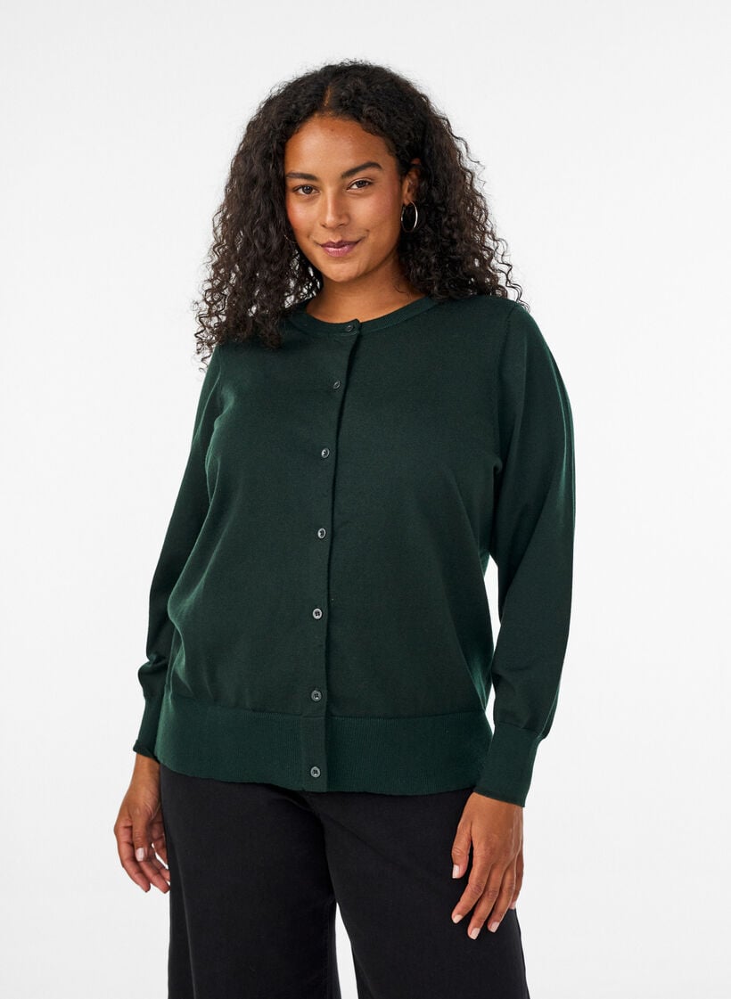Fijngebreide cardigan met ronde hals, Groen, Model image number 0