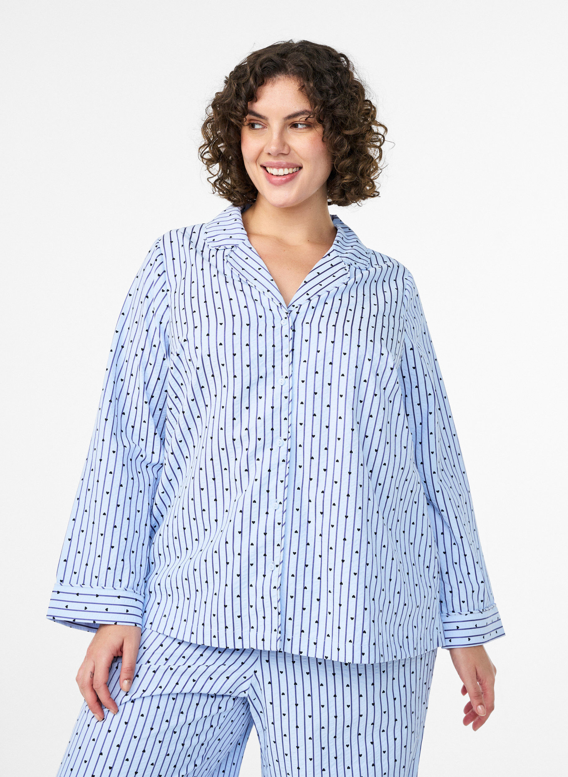 Zizzi Chemise de pyjama en seersucker &agrave; manches longues, Bleu Clair, Model image number 0