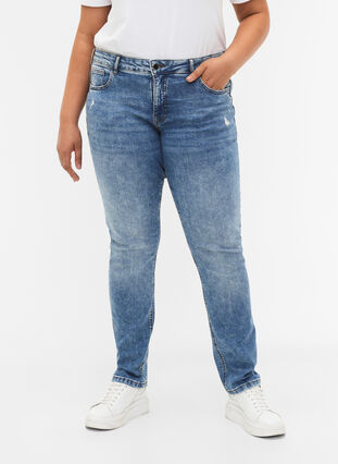 Emily jeans met normale taille en destroy, Blue denim, Model image number 2